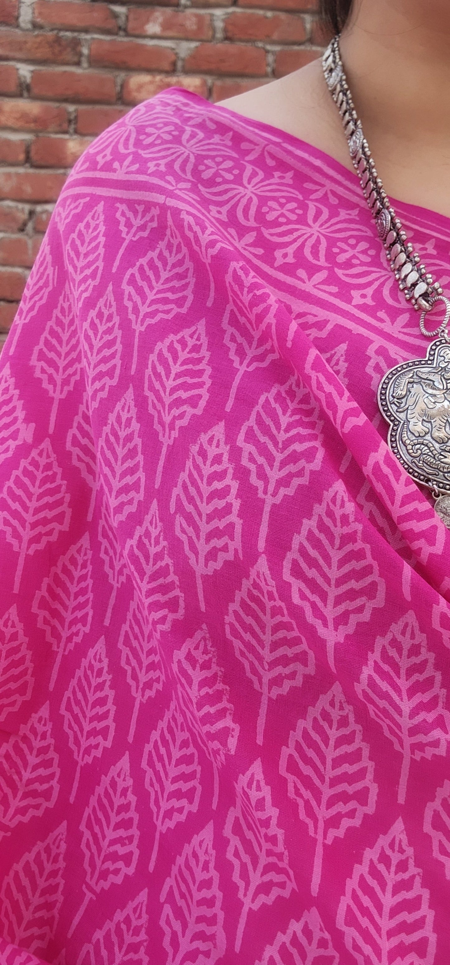 Pink handblock cotton saree